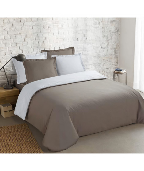 VISION - Bicolore - Housse de couette Réversible 200x200cm avec 2 taies 65x65cm - Taupe/blanc - 100% coton