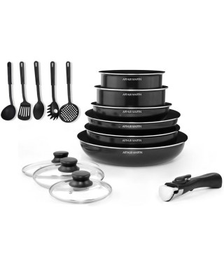 ARTHUR MARTIN Batterie de cuisine amovible 15 pieces 16-20-22-24-26 cm noir - Tous feux dont induction