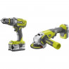 RYOBI Pack 2 outils sans fil 18 V : Perceuse a percussion + meuleuse 115mm - 2 batteries 1 x 2,0 Ah et 1 x 4,0 Ah