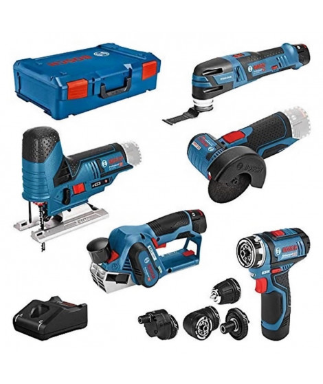 Kit Bosch Pro KIT 5 OUTILS : GSR/GOP/GHO/GWS/GST + 2 batteries 2,0Ah + 1 batterie 3,0Ah + chargeur GAL 12V-40 + XL-LBOXX