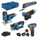 Kit Bosch Pro KIT 5 OUTILS : GSR/GOP/GHO/GWS/GST + 2 batteries 2,0Ah + 1 batterie 3,0Ah + chargeur GAL 12V-40 + XL-LBOXX