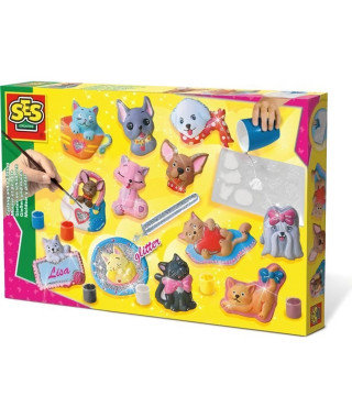 SES CREATIVE - Moulage en plâtre chiens et chats - Jaune, vert et rose - Enfant - Plus de 5 ans