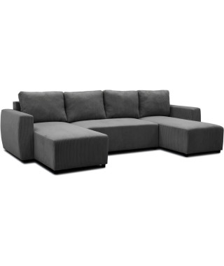 Canapé d'angle convertible panoramique PHARELL 5/6 places - Tissu velours côtelé anthracite - Coffre de rangement - L297 x P1…