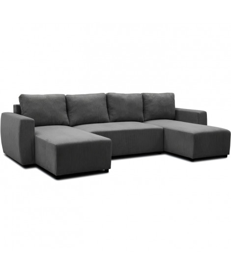 Canapé d'angle convertible panoramique PHARELL 5/6 places - Tissu velours côtelé anthracite - Coffre de rangement - L297 x P1…