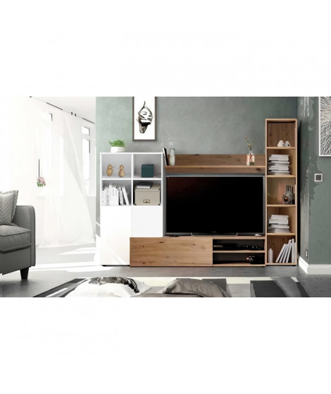 Ensemble Meuble TV LYRA : Vitrine + meuble TV + étagere - Mélaminé blanc et chene - 3 Portes - L240 x P41 x H180 cm