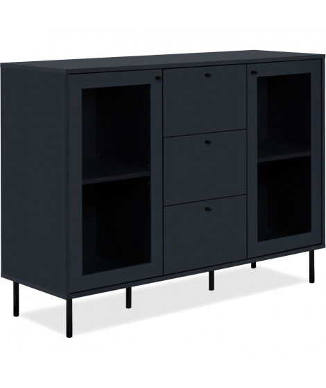 Buffet salle a manger CARACAS - Décor bleu navy - 2 portes vitrées + 3 tiroirs - L120 x H90 x P40 cm