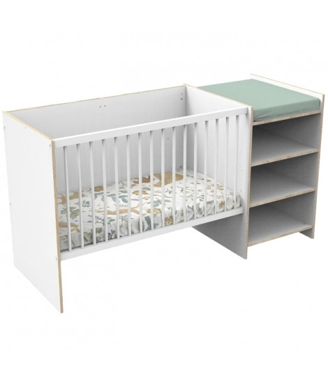 Lit combiné BABY PRICE FIRST 120x60 cm - Evolutif en 90x190 cm - Avec étageres - Décor blanc et chant bois