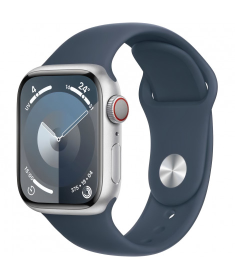 Apple Watch Series 9 GPS + Cellular - 41mm - Boîtier Silver Aluminium - Bracelet Storm Blue Sport Band - M/L