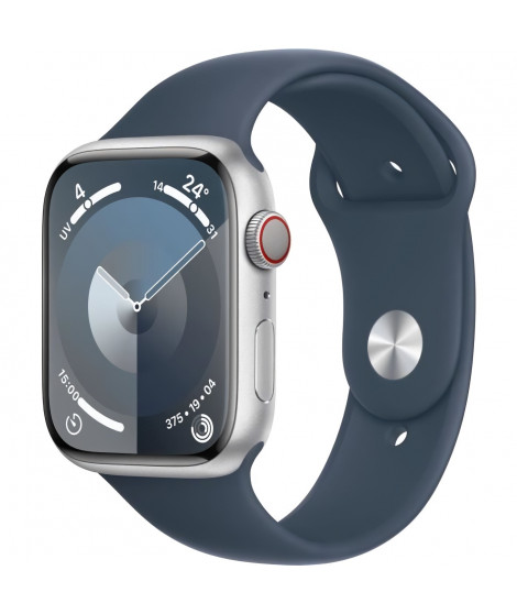 Apple Watch Series 9 GPS - 45mm - Boîtier Silver Aluminium - Bracelet Storm Blue Sport Band - S/M