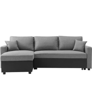 Canapé d'angle réversible convertible grand couchage + coffre - Tissu Noir et gris - L 228 x P 148 x H 86 cm - OWENS