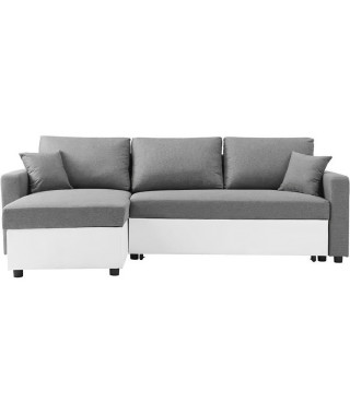 Canapé d'angle réversible convertible grand couchage + coffre - Tissu Blanc et gris - L 228 x P 148 x H 86 cm - OWENS