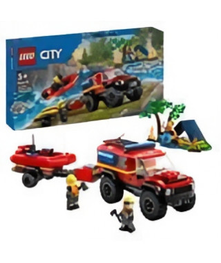 LEGO 60412 City Le Camion de Pompiers 4x4 et le Canot de Sauvetage, Jouet avec Bateau, Remorque et Minifigurines