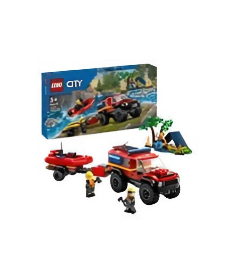 LEGO 60412 City Le Camion de Pompiers 4x4 et le Canot de Sauvetage, Jouet avec Bateau, Remorque et Minifigurines