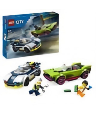 LEGO 60415 City La Course-Poursuite entre la Voiture de Police et la Super Voiture, Jouet avec Minifigurines, Cadeau Enfants