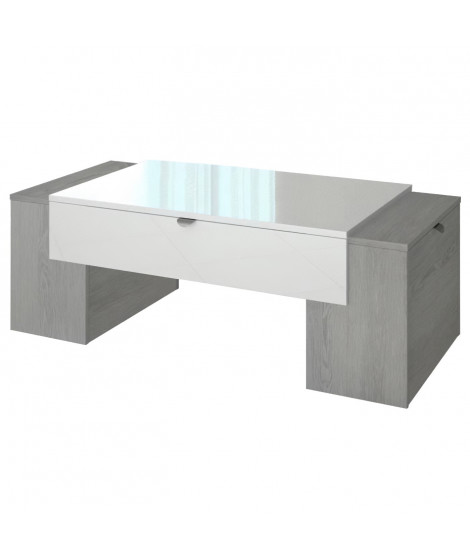 LUCKY Table basse style contemporain décor chene cendré et blanc brillant - L 123 x l 42 cm