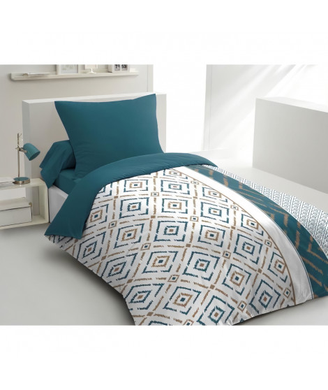 Parure de couette microfibre Ethno - 1 housse de couette 140x200 cm + 1 taie d'oreiller 63x63 cm - Bleu canard - HOME LINGE P…