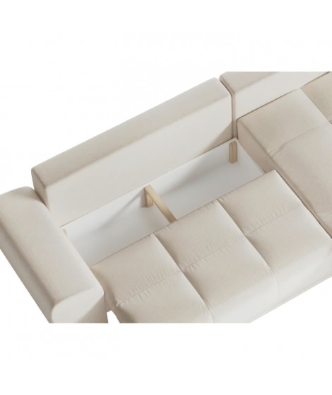 Canapé d'angle convertible LOUNGITUDE CABELLO en tissu beige avec coffre et coutures bombées