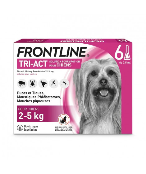 FRONTLINE Tri-Act Chiens XS - 2-5 kg - 6 Pipettes - puces, tiques, moustiques, phlébotomes et mouches piqueuses