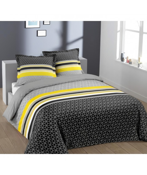 VISION Parure de couette Lisa - 100% coton - 1 housse de couette 240 x 260 cm + 2 taies d'oreiller 65 x 65 cm - Jaune et gris