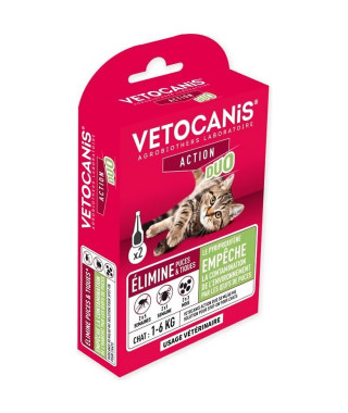 VETOCANIS Pipettes Anti-puces et anti-tiques Duo - 2 pipettes pour 5 semaines de protection - Pour chat