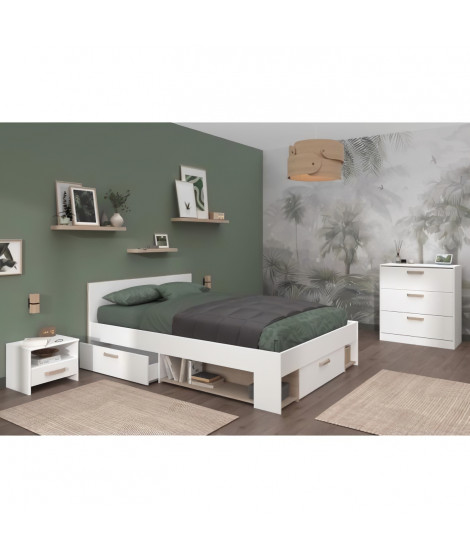 Chambre complete adulte DREAM : Lit 140x190/200 cm + 2 chevets + Commode - Décor blanc et chene - PARISOT