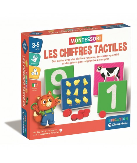 Montessori - Clementoni - Les chiffres tactiles - Jeu éducatif apprentissage des chiffres - 10 cartes chiffres rugueux - Dés …