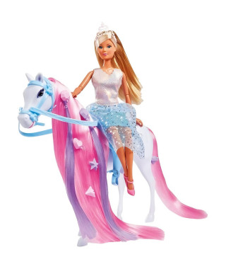 Simba - Steffi Love Princesse et Cheval - Poupée Mannequin 29cm - Robe + Tiare - Accessoires de Coiffure inclu