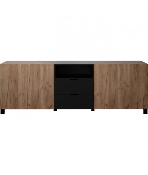 Buffet KENDO - Décor chene ambré et noir mat -  3 portes + 2 Tiroirs - L185 x P40 x H78 cm - TRENDTEAM