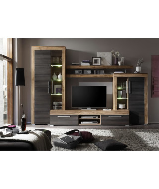 Ensemble meuble TV BOOM - TREND TEAM - 5 Portes - LED - Noyer satiné et chene brun foncé