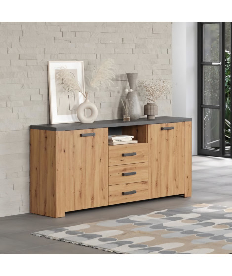 Buffet FOLLOW - Mélamine chene artisan et gris ardoise - 2 Portes + 3 Tiroirs - L180 x P40 x H83  cm - TRENDTEAM