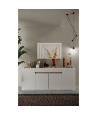 Buffet FIRENZE - Décor Blanc Laqué et Chene Cadiz - 4 portes 1 tiroir - L205 x P40 x H87 cm