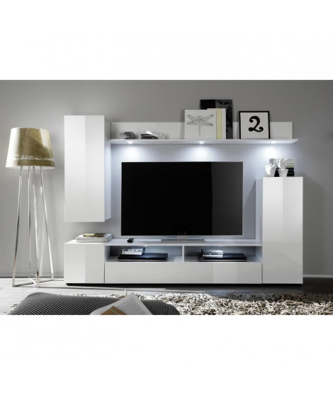 Ensemble meuble TV DOS - 3 Portes - LED - Mélamine blanc mat et brillant - L208 x P33 x H165 cm