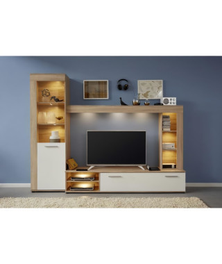 Ensemble meuble TV LOGO - 1 Porte - LED - Mélamine chene clair et blanc mat - L240 x P41 x H185 cm - TRENDTEAM