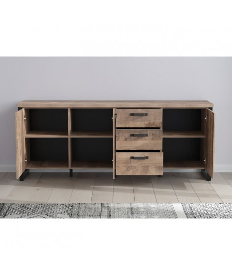 Buffet EMILE - Mélamine chene brun tabac et noir mat - 3 Portes + 3 Tiroirs - L214 x P45 x H86 cm - TRENDTEAM