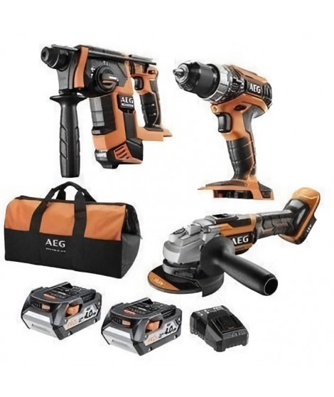 Pack perceuse a percussion + perforateur BL + meuleuse 125 BL - AEG POWERTOOLS - Avec batteries et caisse de rangement 37 L