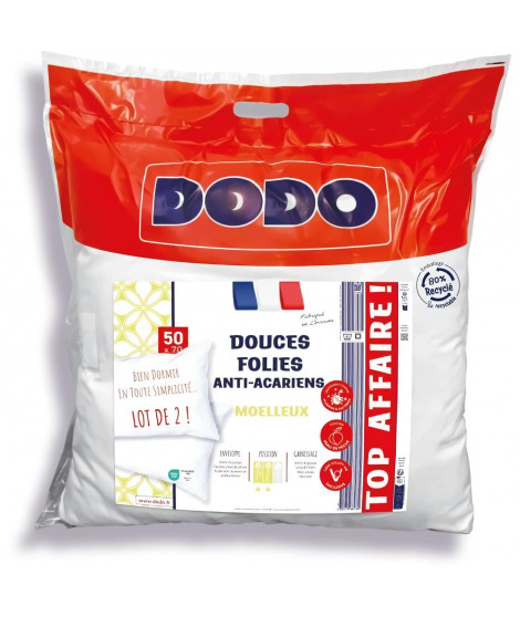 DODO Lot de 2 oreillers 50x70 cm - Douces Folies - Moelleux - Anti-acariens - 100% Polyester