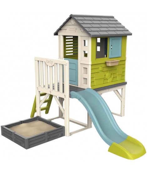 Smoby - Maison Enfant Pilotis Square - Toboggan + Echelle - Bac a sable ou Carré a potager