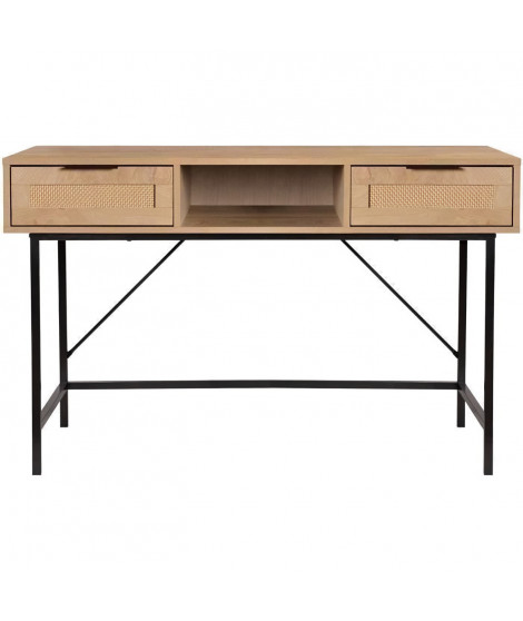 Console 2 tiroirs + 1 niche - MDF - Maille rotin et chene - Pieds en métal noir  - L120 x P55 x H75.5 cm - RUSSELL