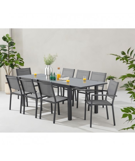Ensemble repas de jardin : Table extensible 120-180 cm + 2 fauteuils + 6 chaises - Gris