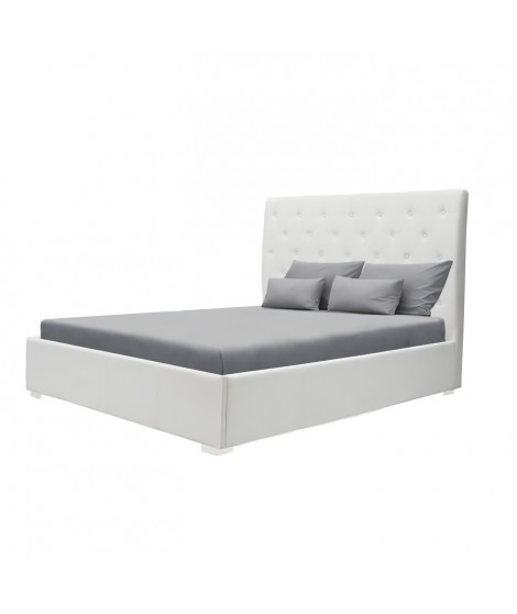 MILES Lit coffre adulte 160 x 200 cm tete de lit capitonnée - Simili blanc - Sommier inclus