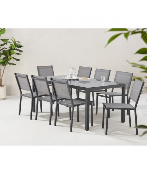 Ensemble repas de jardin : Table 180 cm + 8 chaises - Structure aluminium - Plateau verre trempé - Gris