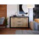 Buffet STONE INDUS 2 Portes + 3 Tiroirs - Mélaminé chene rustique et noir - Style industriel - L147 x P37 x H89 cm