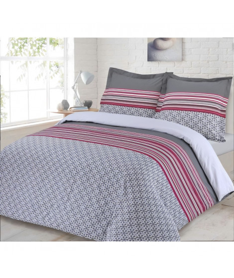 VISION Parure de couette Tracy 100% coton - 1 Housse de couette 220x240 cm + 2 Taies d'Oreillers 65x65 cm - Gris et rose