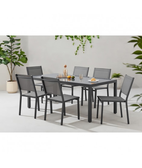 Ensemble table de jardin 6 personnes : Table + 6 chaises - Structure en aluminium - L180 x P 90 x H 72 cm - Gris anthracite