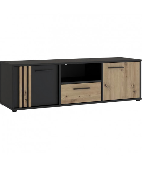 Meuble TV CARDIGAN 2 portes, 1 tiroir, 1 niche - Décor chene artisan et noir - L142,6 x P41,5 x H43,9 cm - Poignées en métal …