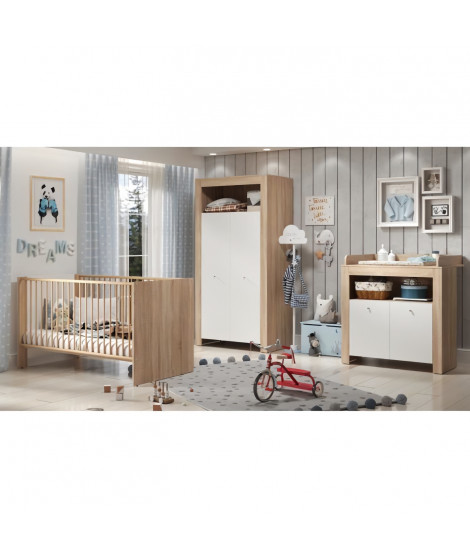 Chambre bébé trio PIA - Lit 70x140 cm + Commode a langer 2 portes + Armoire 2 portes - Décor chene sonoma et blanc mat - TREN…