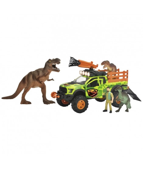 Dickie - Chasseur de dinosaures - Véhicule + Treuil + figurine articulée et 3 dinosaures - Sons et lumieres