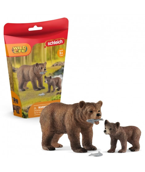 SCHLEICH -  42473  WILD LIFE Figurines d'Animaux Réalistes Maman grizzly avec ourson - Set de Jouets Animaux Durables