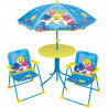 FUN HOUSE Baby Shark Salon de jardin - 1 table H.46xø46 cm, 2 chaises H.53xl.38,5xP.37,5 cm et 1 parasol H.125 x ø100 cm