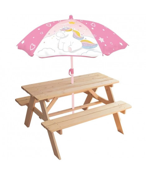 FUN HOUSE Licorne Table pique-nique en pin H.53 x l.95 x P.75 cm avec parasol H.125 x ø 100 cm - Pour enfant